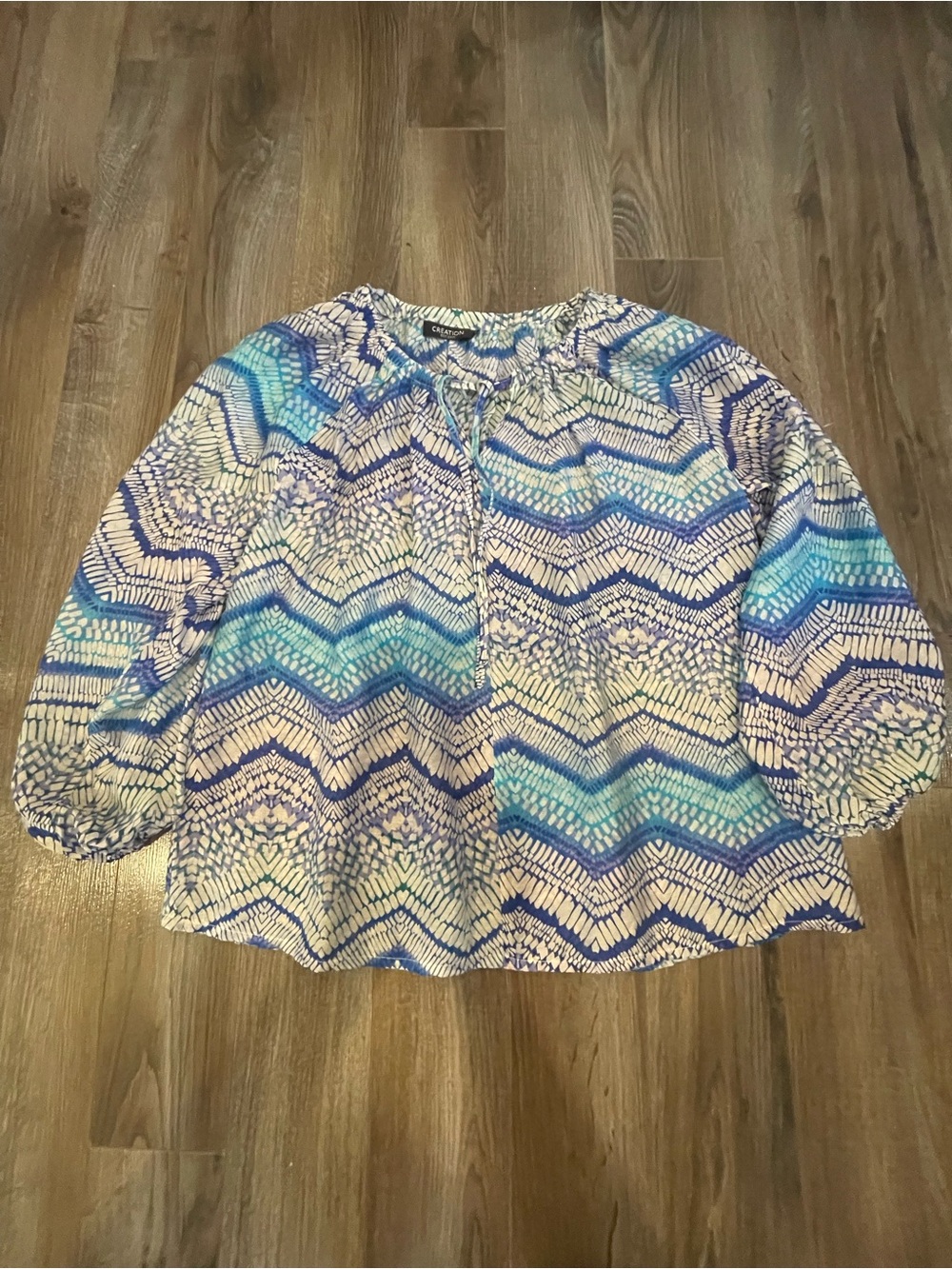 Creation S Blue Aqua Geometric Print Lightweight Blouse Balloon Sleeve